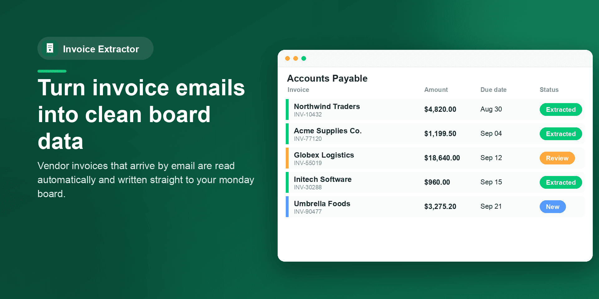 Invoice Extractor turning vendor invoice emails into structured Accounts Payable board data