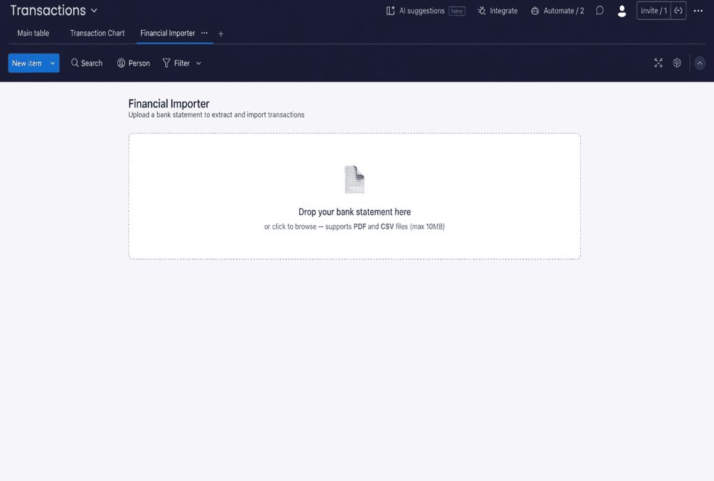Financial Importer showing extracted transactions after uploading a bank statement
