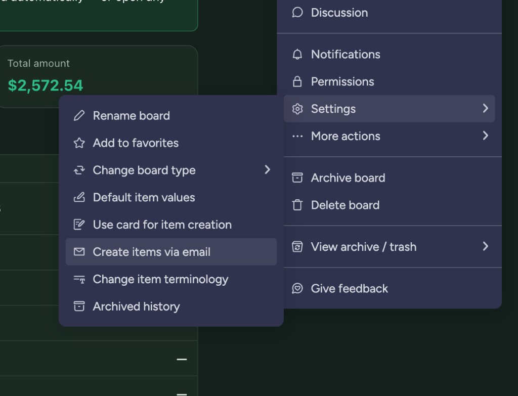 monday.com board menu showing Settings → "Create items via email"