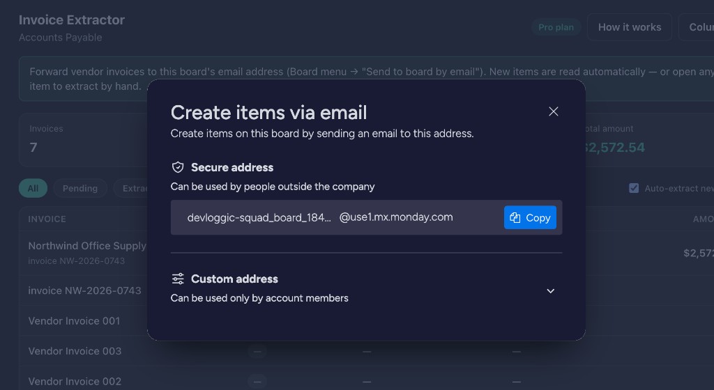 Create items via email dialog with the Secure address and Copy button